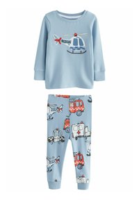 Ensemble de pyjama en coton bleu clair comprenant des manches longues avec un hélicoptère brodé et un pantalon à motifs avec divers véhicules d'urgence.