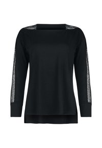 Haut noir à manches longues avec un col carré, décoré de dentelle sur les manches et d'une coupe décontractée, fabriqué à partir d'un matériau doux et extensible.