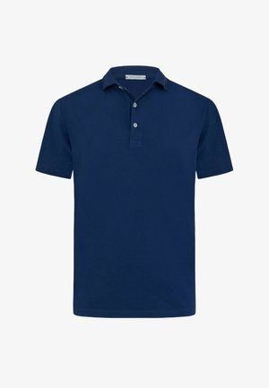 Polo azul marino de manga corta con cuello y dos botones blancos en la tapeta.