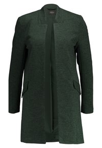 Blazer long vert foncé en tissu texturé, à l'avant ouvert et avec des poches latérales. Design simple avec un col et une coupe droite.