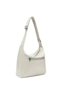 Borsa a tracolla in pelle grigia chiara con forma curva, tracolla regolabile e tasca con zip frontale. Texture liscia con cuciture discrete.