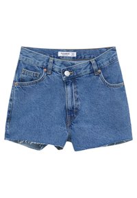 Blue denim shorts with front button closure, belt loops, and two front pockets, featuring a raw hem detail.