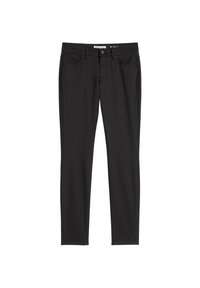 Zwarte broek van een katoenmix, slim fit ontwerp met vijf zakken, sluiting aan de voorkant met knop en riemlussen. Gladde textuur, geen zichtbare patronen.