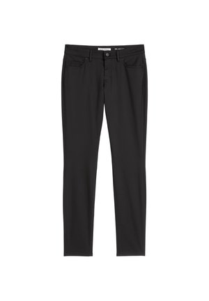 Zwarte broek van een katoenmix, slim fit ontwerp met vijf zakken, sluiting aan de voorkant met knop en riemlussen. Gladde textuur, geen zichtbare patronen.