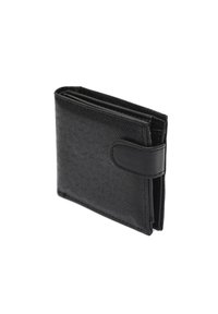 Crna kožna novčanica s teksturiranom površinom, dvostrukim preklopom i sigurnom kopčom. Ima više utora za kartice i kompaktan oblik.