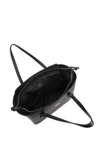 Sac à main en cuir noir avec fermeture éclair, doubles poignées, et un intérieur spacieux comportant plusieurs compartiments et une doublure à motif.