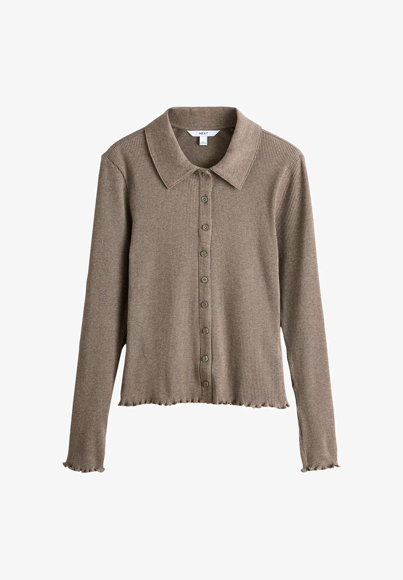 Langærmet ribstrikket cardigan i taupe med krave, knaplukning foran og krøllet kant ved bund og ærmer.