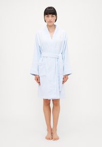 Light blue terry bathrobe with a wrap design, waist tie, wide sleeves, and two front pockets. Soft texture with a plush finish.