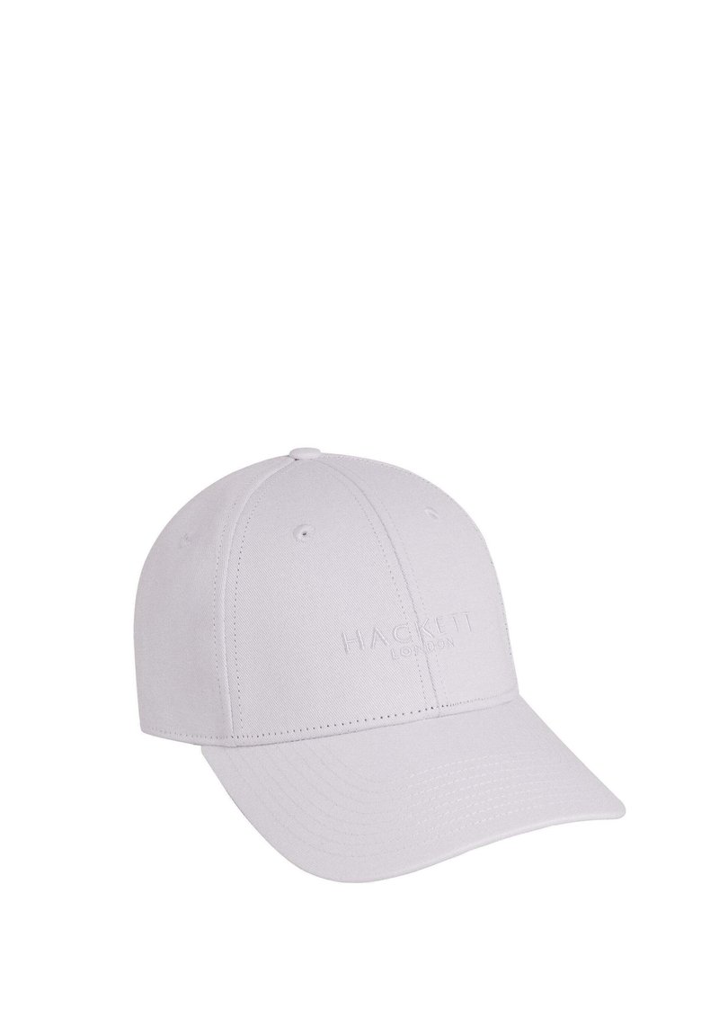 Biely baseballový klobúk z bavlny s zakriveným okrajom, s reliéfne vyrazeným logom "HACKETT LONDON" vpredu a šesťpanelovým dizajnom.