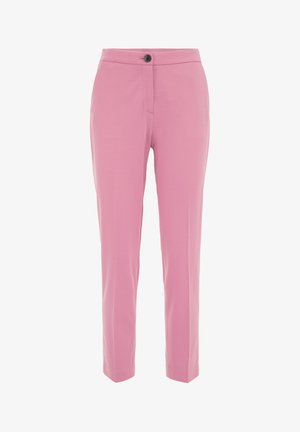 Rosa maßgeschneiderte Hose mit glatter Textur, schlanker Passform, flachem Vorderteil, einem Knopfverschluss und vorderen Taschen. Keine sichtbaren Muster oder Akzente.