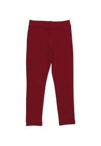 Rote Stretch-Leggings aus Baumwollmischung mit glatter Textur, elastischem Bund und zwei vorderen Kunsttaschen.