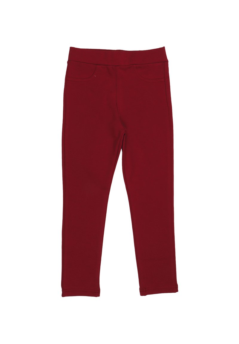 Rote Stretch-Leggings aus Baumwollmischung mit glatter Textur, elastischem Bund und zwei vorderen Kunsttaschen.
