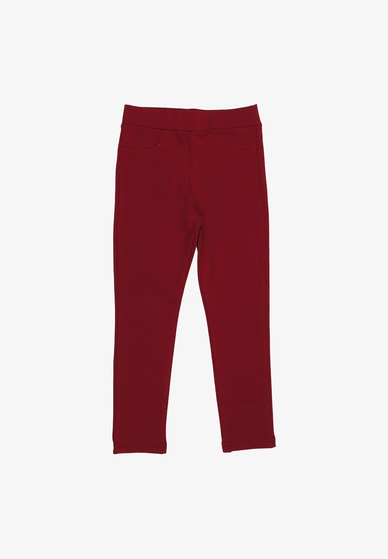 Rote Stretch-Leggings aus Baumwollmischung mit glatter Textur, elastischem Bund und zwei vorderen Kunsttaschen.