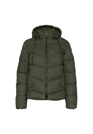 Veste matelassée verte avec capuche, dotée d'une fermeture éclair devant, de cordons de serrage et de sections matelassées. Matériau épais offrant de la chaleur.