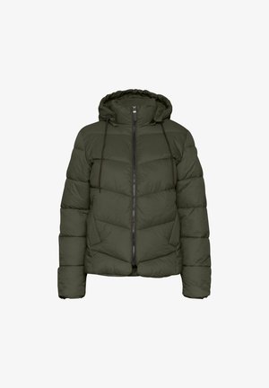 Veste matelassée verte avec capuche, dotée d'une fermeture éclair devant, de cordons de serrage et de sections matelassées. Matériau épais offrant de la chaleur.