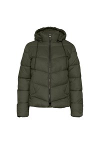 Veste rembourrée en vert foncé. Dotée d'une capuche, d'une fermeture éclair et d'accents élastiques. Design matelassé avec une coupe ample et deux poches latérales.