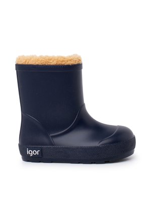 Botte de pluie en caoutchouc bleu marine avec doublure en polaire beige et semelle texturée, étiquetée "igor" sur le côté près du talon.