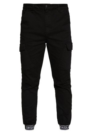 Czarne zwężane spodnie cargo z przednimi kieszeniami, klapkowymi kieszeniami bocznymi oraz elastycznymi mankietami z logo SikSilk.