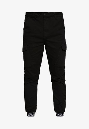Schwarze, verjüngte Cargo-Hosen mit Fronttaschen, Klappentaschen an den Seiten und elastischen Bündchen mit SikSilk-Logo.