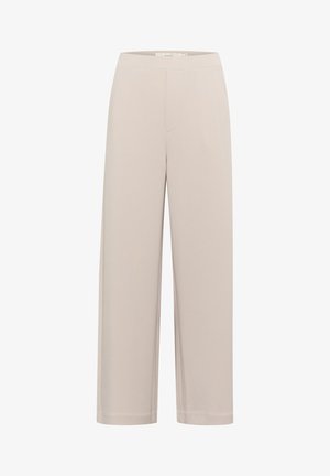 Pantaloni bej, cu picioare largi, dintr-un material moale; au o textură netedă, un brâu elastic și o buzunar frontal discret.