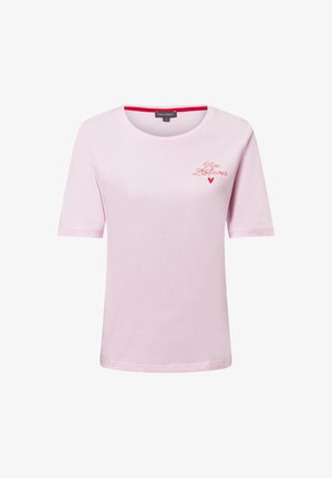 Helles rosa T-Shirt mit kurzen Ärmeln aus weichem Stoff. Verfügt über einen runden Ausschnitt und "Vive L'Amour" in roter Stickerei mit einem Herzsymbol.