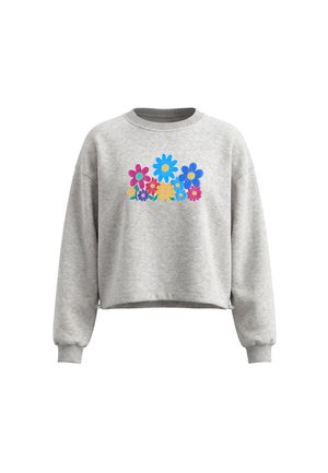 Lysegrå langærmet sweatshirt med farverige store blomstermotiver i pink, blå, gul og lilla på brystet.