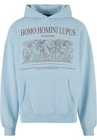 Light blue hoodie made of cotton with a front pocket. Features a graphic print in brown text and design depicting classical figures.