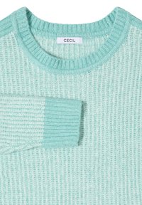 Svetle modrý svetr s texturovaným pleteným vzorem, s žebrovaným kulatým výstřihem a manžetami. Na štítku je napsáno "CECIL."