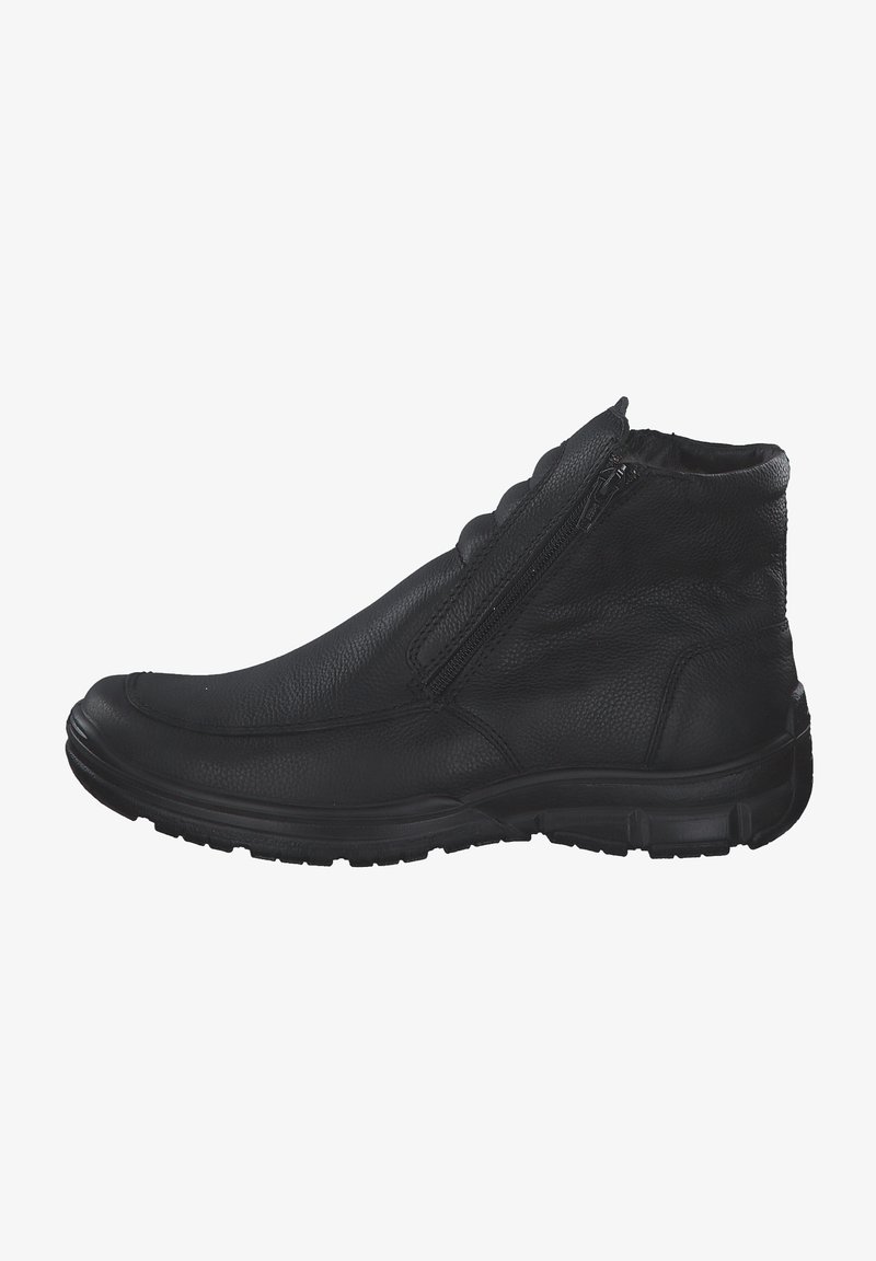 Schwarze Leder-Stiefelette mit einer strukturierten Oberfläche, ausgestattet mit einem seitlichen Reißverschluss und einer runden Zehenpartie, auf einer dicke, stabilen Gummisohle montiert.