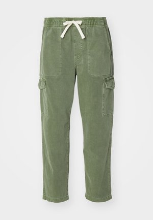 Pantalones cargo verdes de algodón con un corte relajado, cintura elástica, cordón y dos bolsillos laterales grandes. Textura suave.