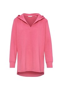 Felpa rosa con collo a V, maniche lunghe e vestibilità rilassata. Realizzata in tessuto morbido, presenta un retro leggermente più lungo e polsini a coste.