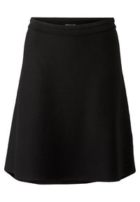 Gonna a pieghe nera realizzata in tessuto testurizzato, con vita aderente e silhouette svasata che arriva a metà coscia.
