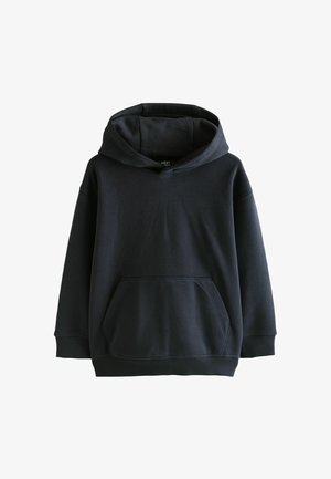 Černá mikina s kapucí vyrobená z měkké tkaniny. Má klokaní kapsu vpředu a žebrované manžety a lem. Jednoduchý design.