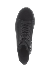 Black high-top sneaker made of smooth suede, featuring a round toe, flat laces, and a side zipper accent for easy wear.