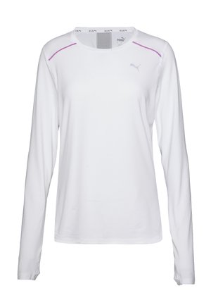 White long-sleeve athletic shirt with a crew neckline, featuring purple stitching on the shoulders and a small logo on the left chest.