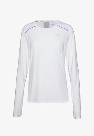 Weißes langärmeliges Sportshirt mit Rundhalsausschnitt, das lila Nähte an den Schultern und ein kleines Logo auf der linken Brust hat.
