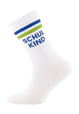 White ankle sock with blue and green stripes and the word "SCHULKIND" knitted in blue letters on the cuff.