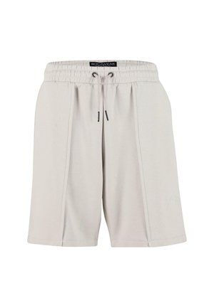 Světlé šedé kraťasy vyrobené z měkkého materiálu, s elastickým pasem se šňůrkami, bočními kapsami a nenápadným logem.