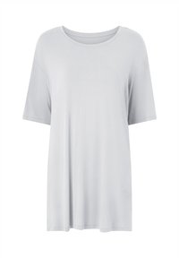Lichtgrijs T-shirt met korte mouwen en ronde hals, gemaakt van zachte stof, met een relaxte pasvorm en een gladde textuur zonder patronen.