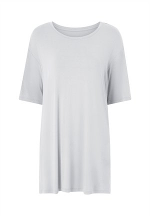 T-shirt gris clair à manches courtes avec un col rond, fabriqué en tissu doux, offrant une coupe décontractée et une texture lisse sans motifs.