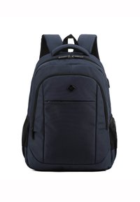 Zaino blu navy realizzato in tessuto testurizzato, dotato di spallacci imbottiti, una tasca frontale con zip e tasche laterali in rete per bottiglie d'acqua.