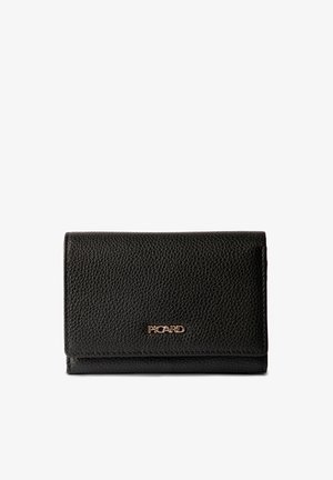 Schwarzes Lederportemonnaie mit strukturiertem Finish, ausgestattet mit einem rosé-goldenen Logo-Akzent. Kompakte Bauweise mit einem umklappbaren Deckel und genähten Kanten.