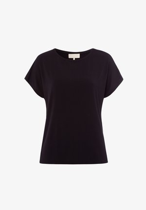 Zwart t-shirt met korte mouwen van zachte stof, met een ronde hals en een losse pasvorm, voorzien van een rechte zoom en minimale stikseldetails.