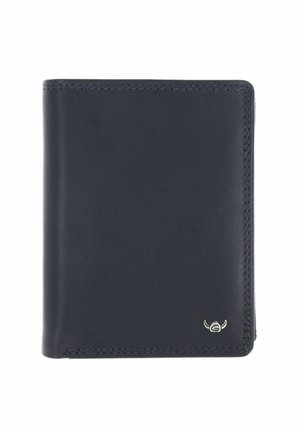 Portefeuille bifold en cuir noir avec couture visible et petit logo argenté en bas à droite.