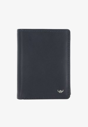 Portefeuille bifold en cuir noir avec couture visible et petit logo argenté en bas à droite.