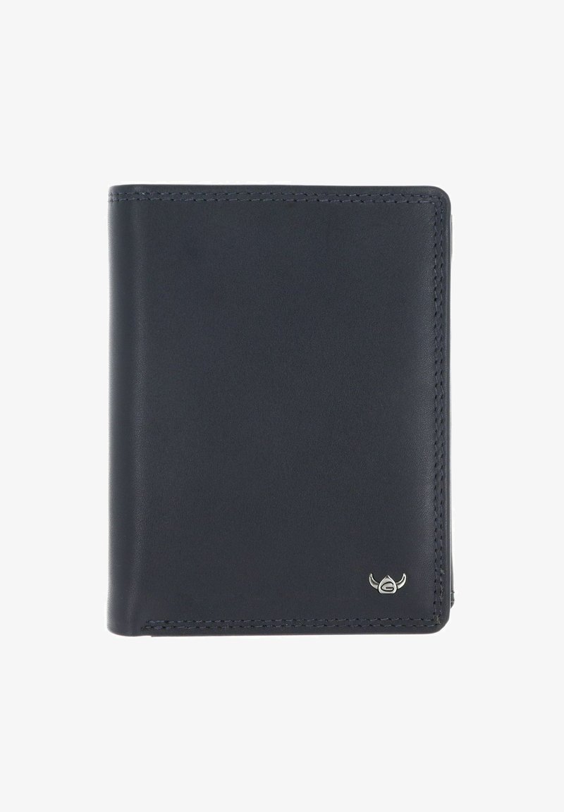 Portefeuille bifold en cuir noir avec couture visible et petit logo argenté en bas à droite.