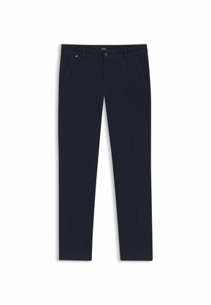 Navy trousers made of smooth fabric, featuring a straight-leg design, two front pockets, and a button closure. Minimalist branding at the waistband.