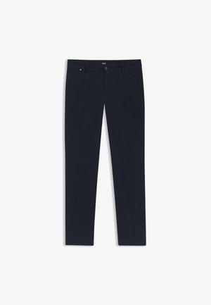 Navy trousers made of smooth fabric, featuring a straight-leg design, two front pockets, and a button closure. Minimalist branding at the waistband.