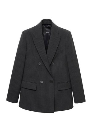 Dark gray pinstripe double-breasted blazer with notch lapels, four buttons, and flap pockets on a white background.