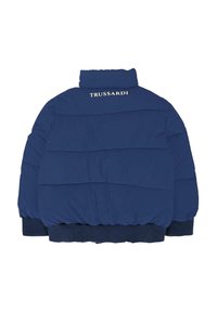 Giubbotto trapuntato blu navy con colletto alto, polsi a coste e orlo elasticizzato; presenta il logo "TRUSSARDI" ricamato sulla schiena.